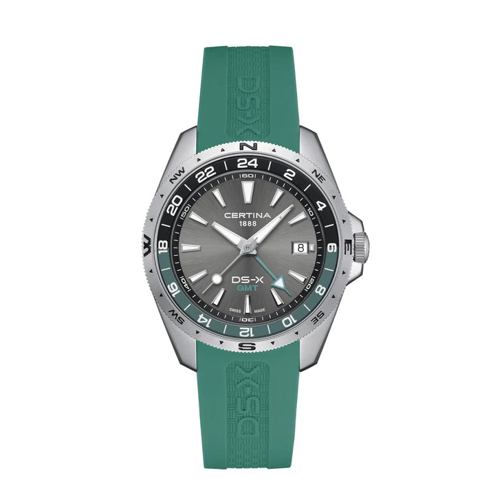 Certina DS-X GMT 41mm with rubber strap, steel case and gray dial, Model C0474521708100.
