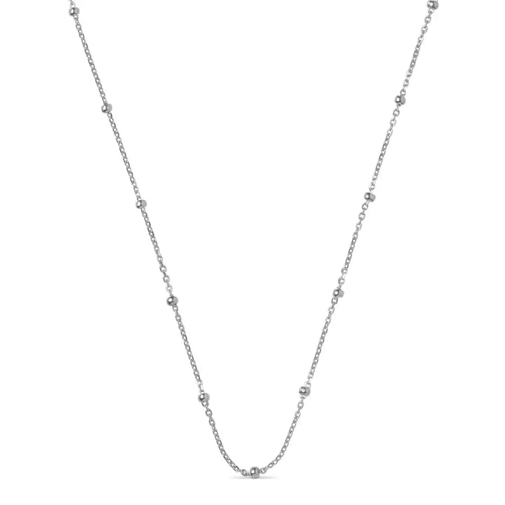 Enamel Beaded Chain Necklace in silver shown on white background, minimalist design with small silver beads. Model n141s-1