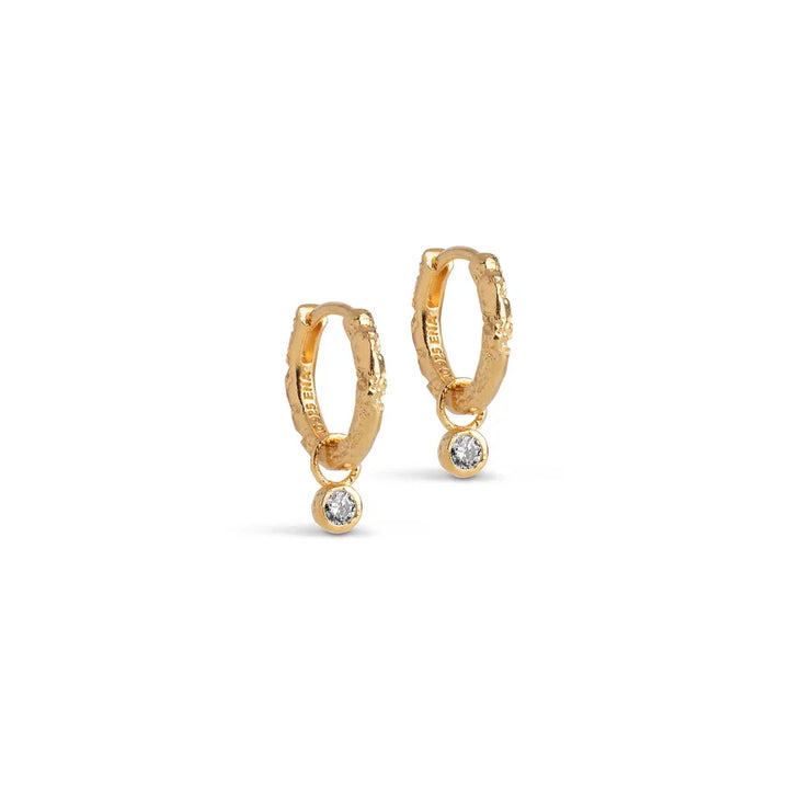 Enamel Belle Hoops CZ in gold-plated silver, round earrings with small clear stone, side view. Model e431gm-1.