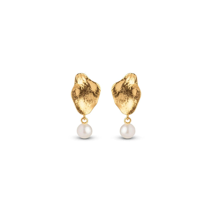 Enamel Caia Small Earrings, shows golden earrings with irregular shape and pearl pendant. Model e374gm-e374gm-2