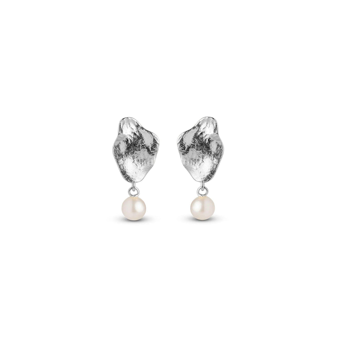Enamel Caia Small Earrings Silver shows a pair of small silver earrings with white pearls. Model e374sm-e374sm-1.
