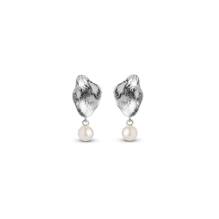 Enamel Caia Small Earrings Silver shows a pair of small silver earrings with white pearls. Model e374sm-e374sm-1.
