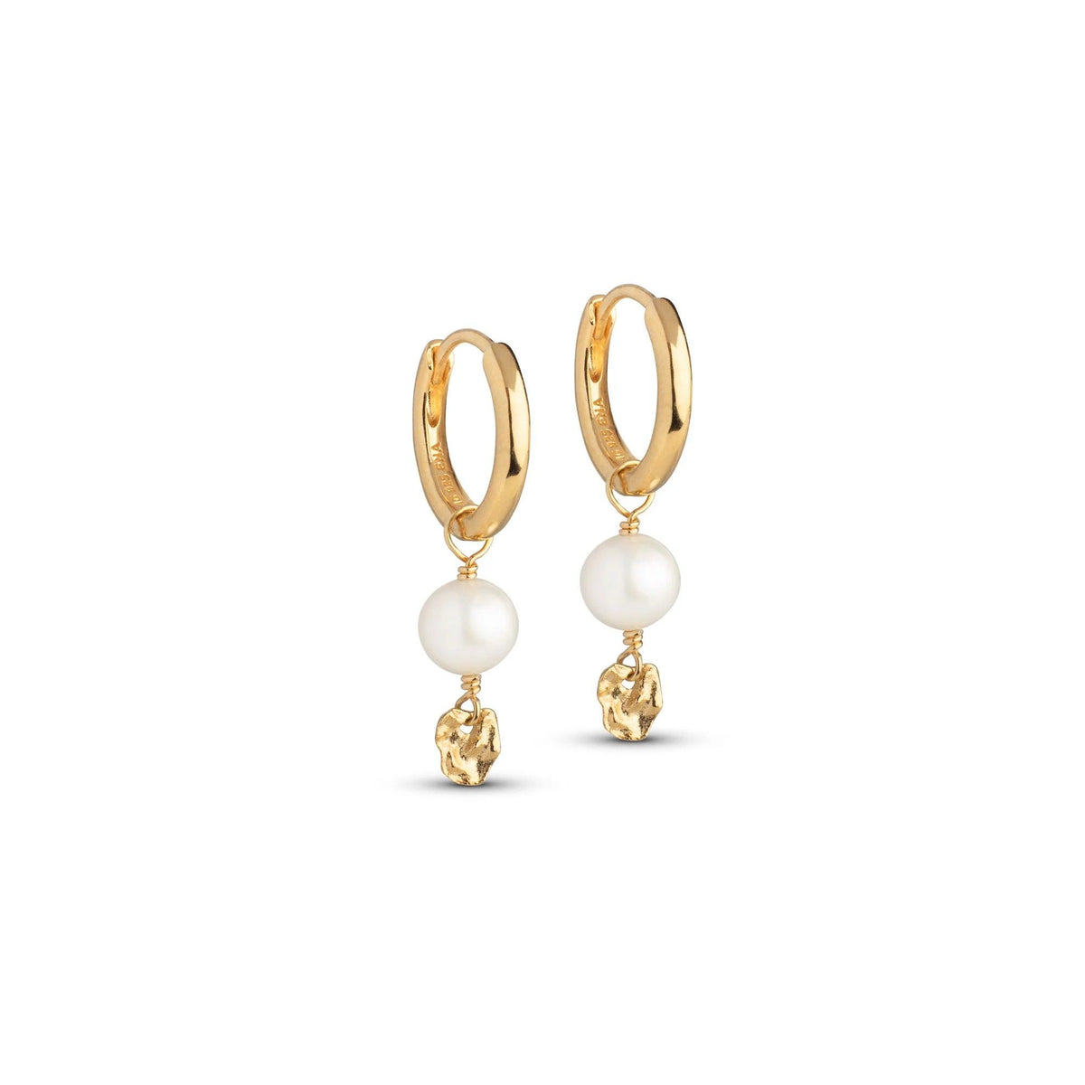 Enamel Cara Gilded Hoops with white pearls and small golden pendants, exclusive design. Model E372GM-E372G-1.