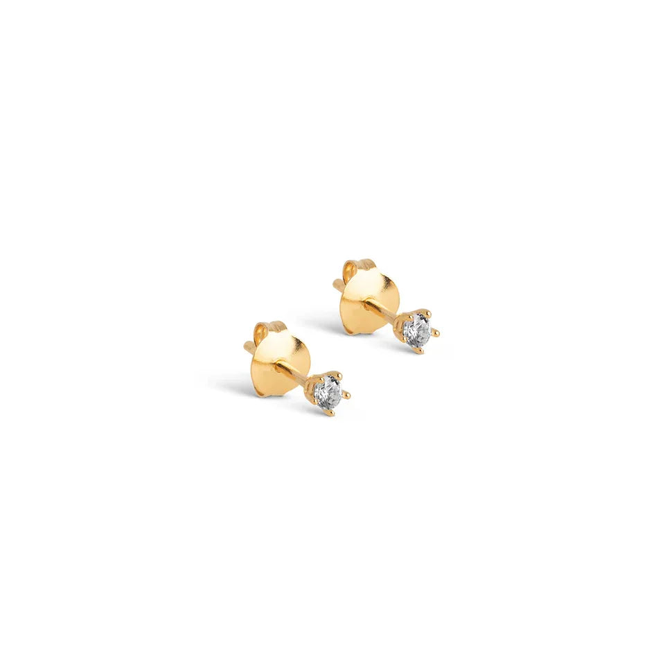 enamel clara studs in gold-plated silver, classic small studs with clear stone, Model E433G-1