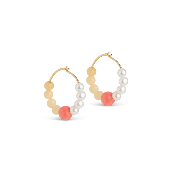 enamel-kalea hoops in gold-plated silver, earrings with orange, white and yellow pearls, Model E367G-E367G-ORANGE-1