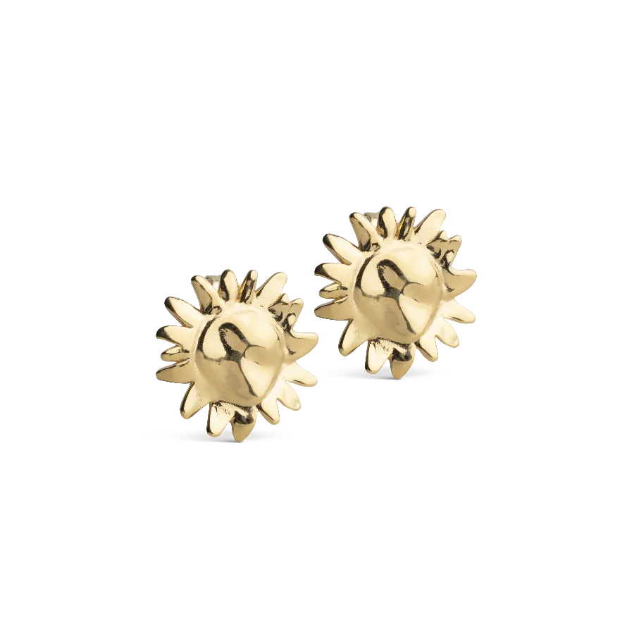 enamel large sunshine stud, a pair of gold-plated studs with a sun-shaped design on a white background. Model e421g-1