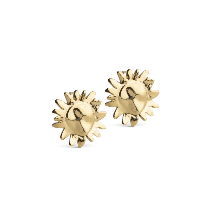 enamel large sunshine stud, a pair of gold-plated studs with a sun-shaped design on a white background. Model e421g-1