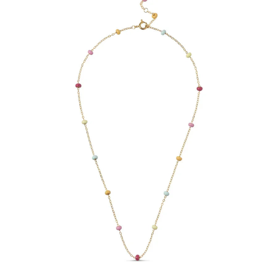 enamel lola ball necklace rainbow in gold-plated silver, chain with colorful pearls on a white background. Model n137g-rainbow-1