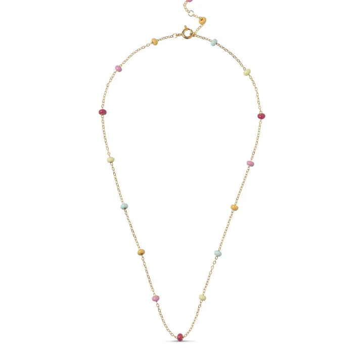 enamel lola ball necklace rainbow in gold-plated silver, chain with colorful pearls on a white background. Model n137g-rainbow-1