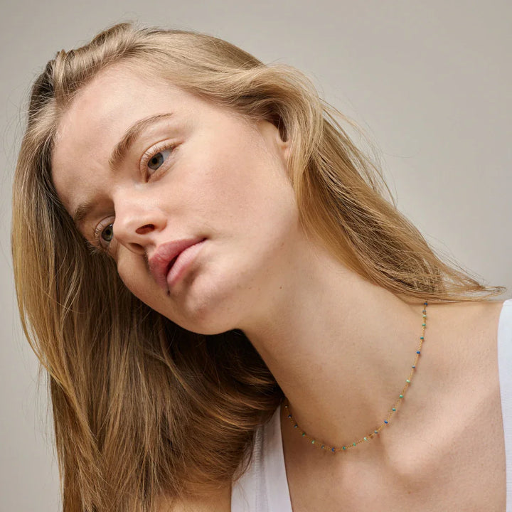 enamel-lola-necklace-atlantic-in-gold-plated-sol shown worn by woman, fine colored pearls on thin chain, Model N55G-ATLANTIC-2