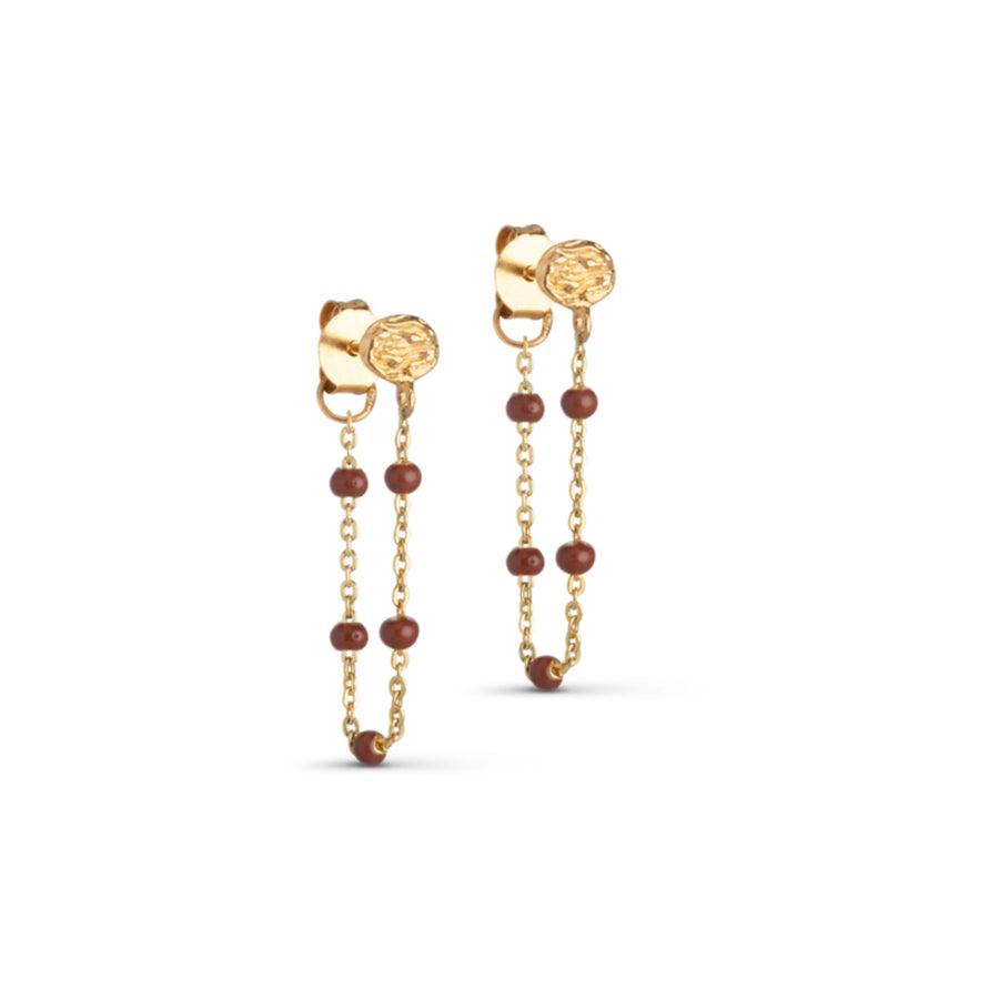 Enamel Lola Earrings, two gold-colored chain earrings with small copper-colored pearls. Model copper-e140gm-copper-1