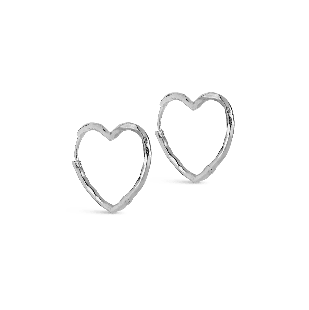 Enamel Organic Heart Medium Hoops shows a pair of silver earrings in an open heart shape. Model e414sm-1