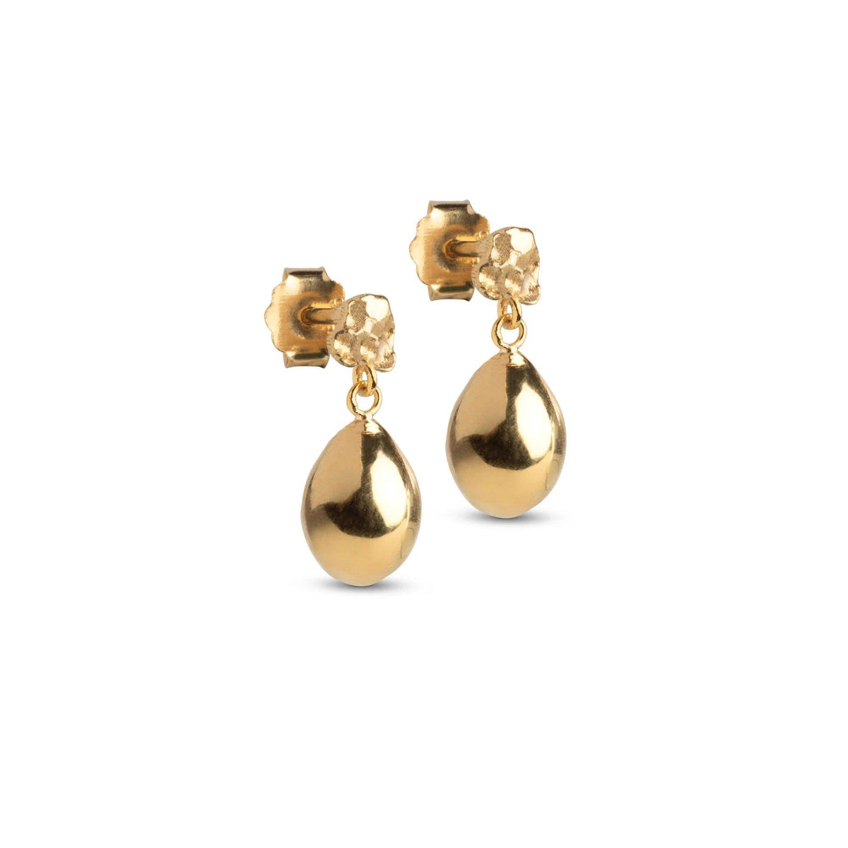 enamel poe studs gold-plated earrings with drop-shaped pendant in glossy gold finish on white background. Model E385GM-1