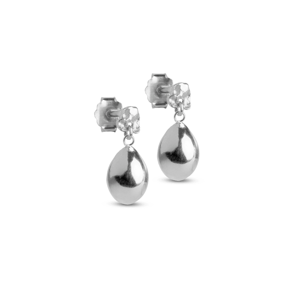 enamel-poe-studs-i-sol, silver drop-shaped studs photographed against a neutral background. Model e385sm-1