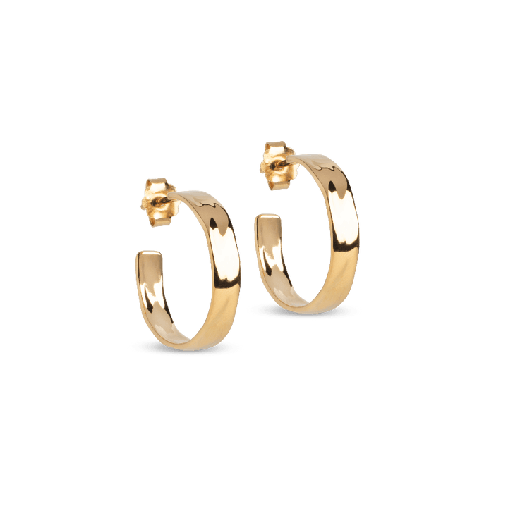 enamel sandra narrow gold plated hoops 18mm shows a set of narrow, shiny gold colored earrings. Model E392G-E392G-1