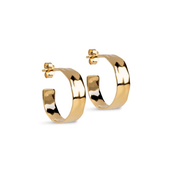 Enamel Sandra Wide Gold Plated Hoops 20mm shows wide, shiny gold plated earrings in a classic round shape. Model e393g-e393g-1