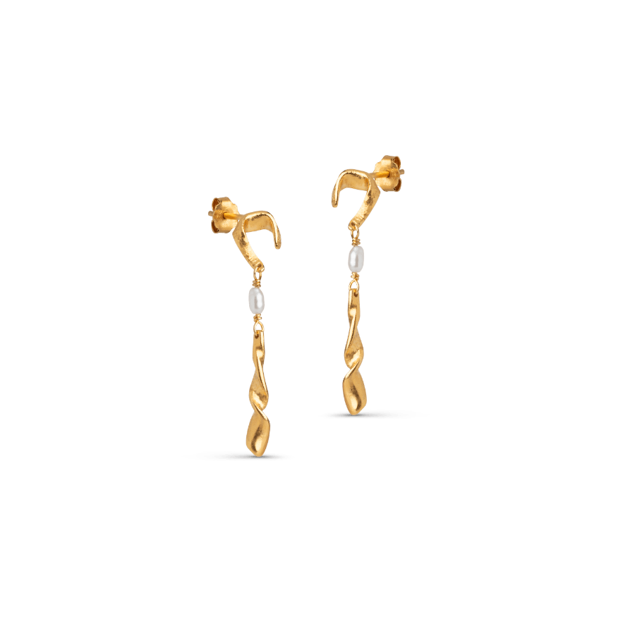 enamel sienna pearls stud earrings, elegant golden twist design earrings with white pearls, Model e357gm-e357gm-1