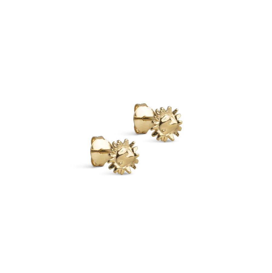 Enamel Small Sunshine Earrings, gold colored earrings with sun-shaped design seen from the front. Model e420g-1