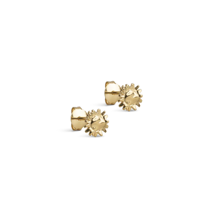 Enamel Small Sunshine Earrings, gold colored earrings with sun-shaped design seen from the front. Model e420g-1