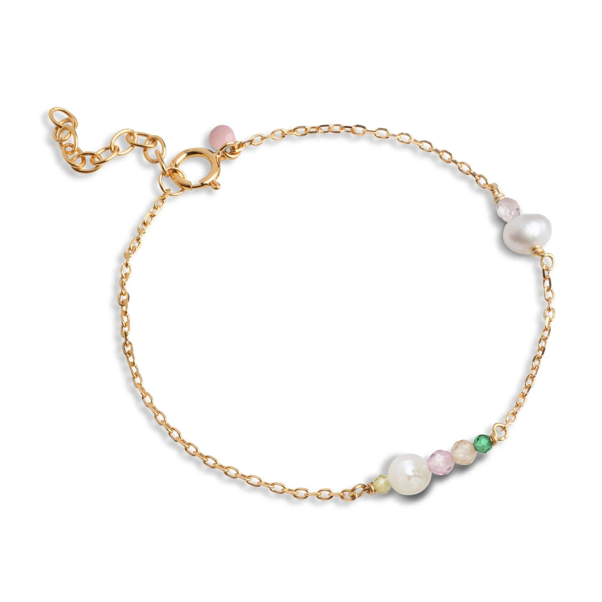 Enamel Sofia Bracelet bracelet with pearls in shades of pink and green on a fine gold chain. Model b136gm-lightpink-b136gm-lightpink-1