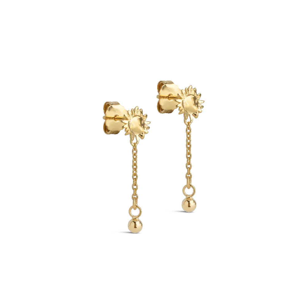 Enamel Sunshine Drop Earrings in gold-plated, fine ear studs shaped like suns with hanging chain and ball. Model E423G-1