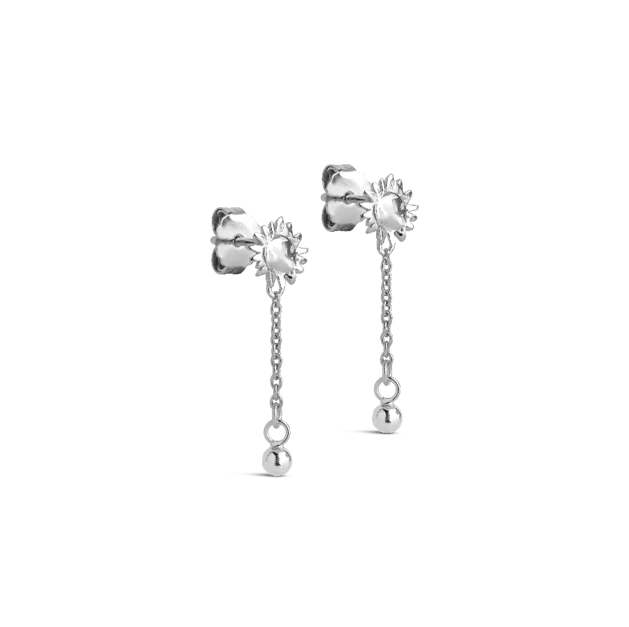 Enamel Sunshine Drop Earrings in silver with sun motif and hanging chain, simple and elegant style. Model E423S-1