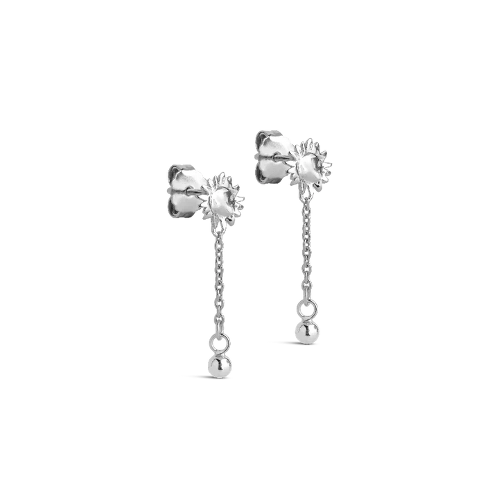 Enamel Sunshine Drop Earrings in silver with sun motif and hanging chain, simple and elegant style. Model E423S-1