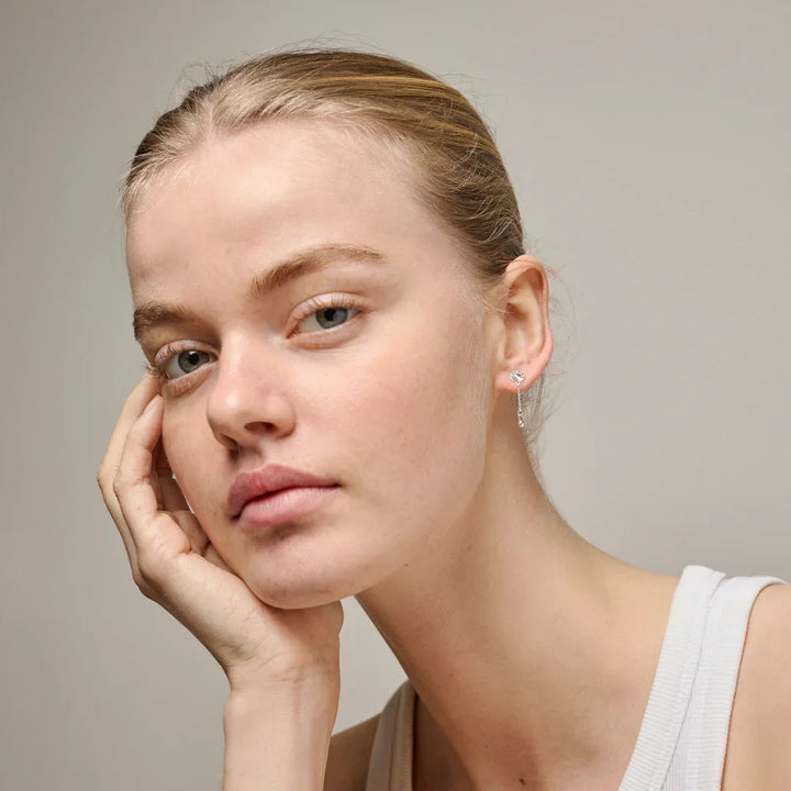 Enamel Sunshine Drop Earrings on model, shown in silver metal with simple drop design. Model E423S-2