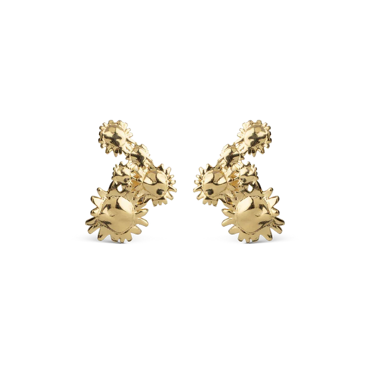 enamel sunshine field stud e417g-1 shows shiny golden studs with sun shaped details, Model e417g-1