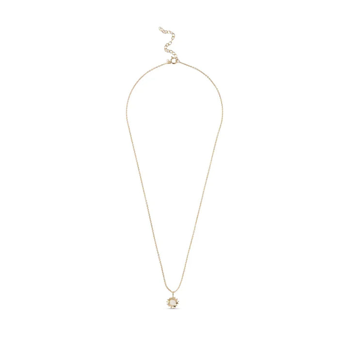 enamel sunshine necklace daisy n136g shows a fine, golden necklace with a sun-shaped pendant on a white background. Model n136g-daisy-1