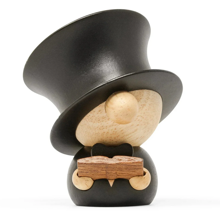 Fablewood HC Andersen Figure of light and dark wood seen from the front with tall black hat. Model 8001-2.