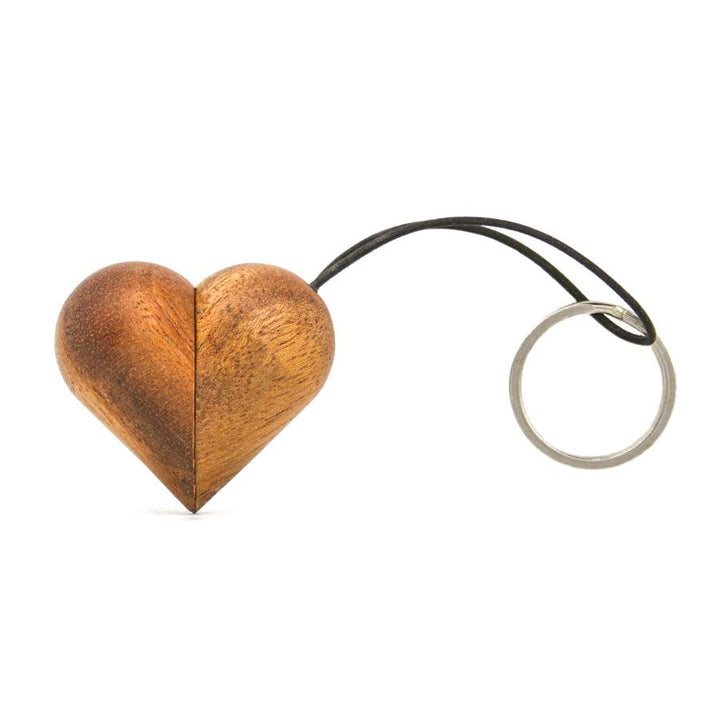 FableWood Heart Key ring in light wood with black leather cord and metal ring, Model 1202-1.