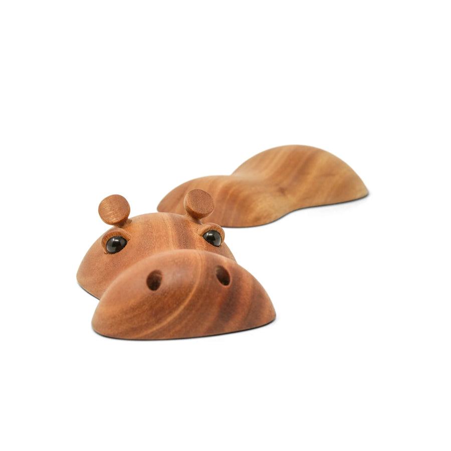 Fablewood Hubert the Little Hippo, brown wooden hippopotamus with cute black eyes in a minimalist design. Model 1301-1