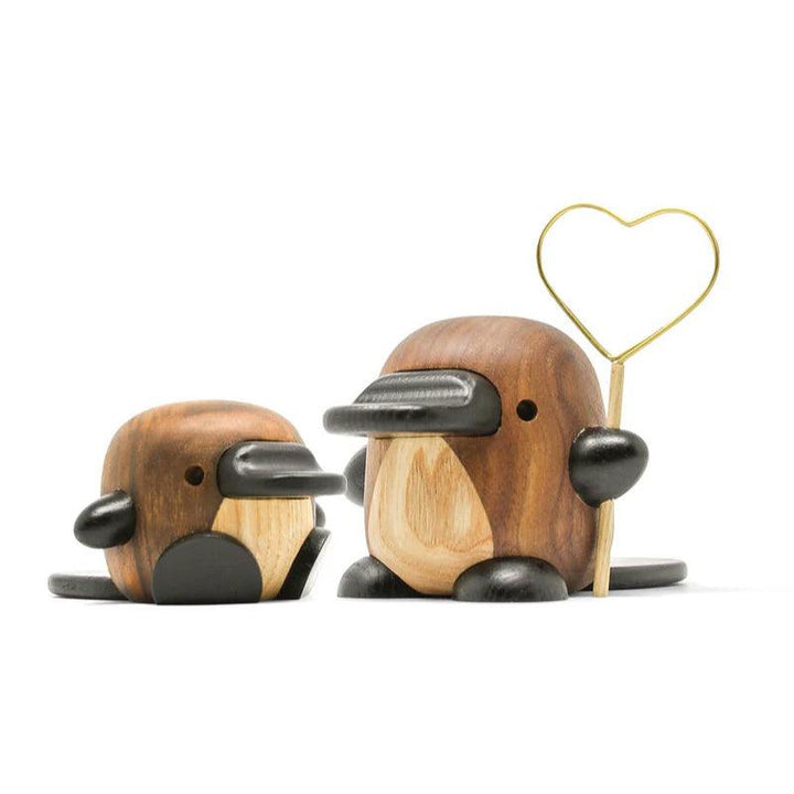FableWood Mary the platypus, two figures, dark and light wood with black details, holding a heart, Model 1404-2