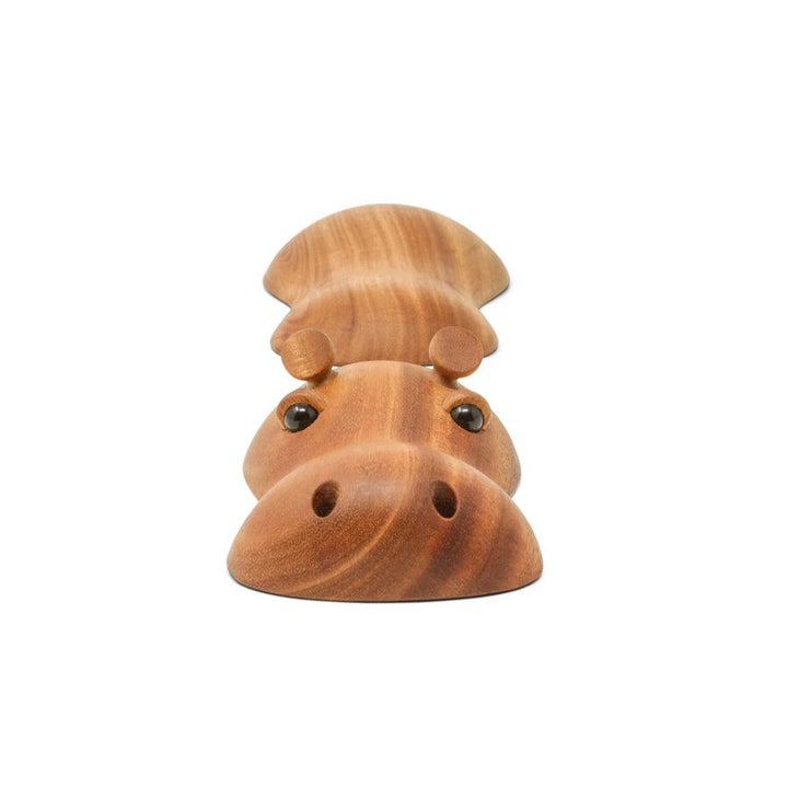 Fablewood Rosa the Hippo wooden figure seen from the front, smooth and brown surface, clear eyes and ears. Model 1300-2