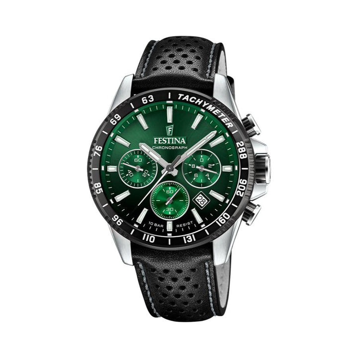 Festina Chrono Sport Men's watch with green dial, black perforated leather strap and steel, Model 205615-205615-1