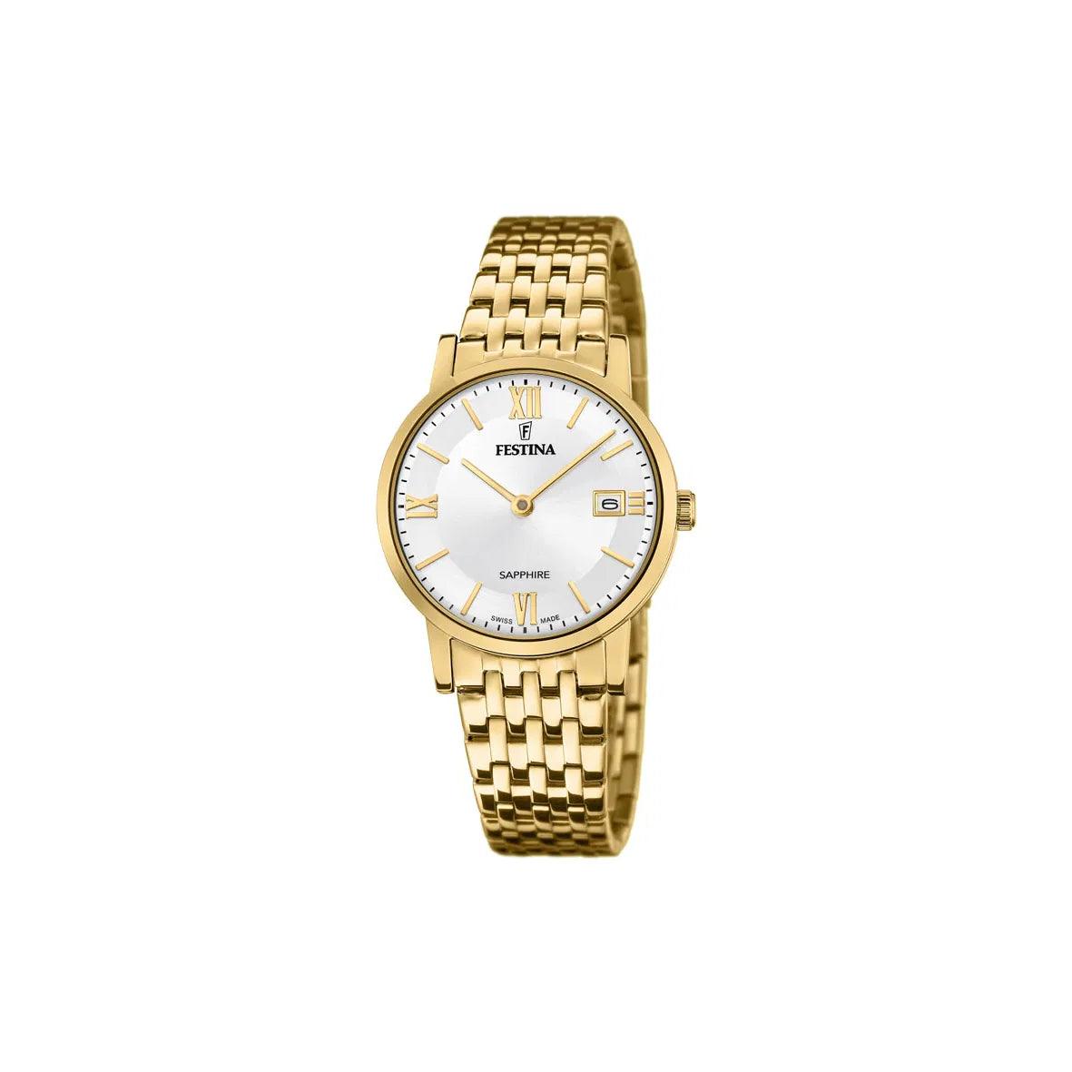 Festina Women's watch Swiss Made F200211 with white dial and elegant gold-coloured chain. Model F200211-1