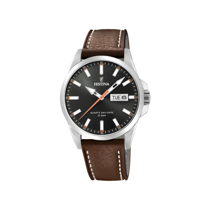 Festina Men's watch F20358/2 with black dial, day-date display and brown leather strap. Model F20358/2.