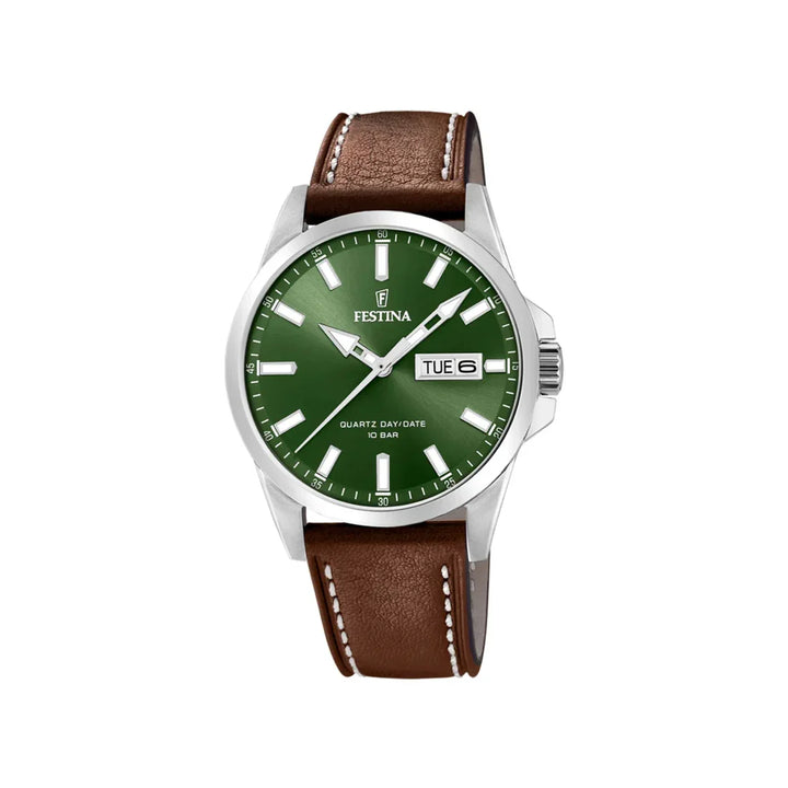 Festina men's watch F20358/5 with green dial and brown leather strap, day and date display. Model F20358/5