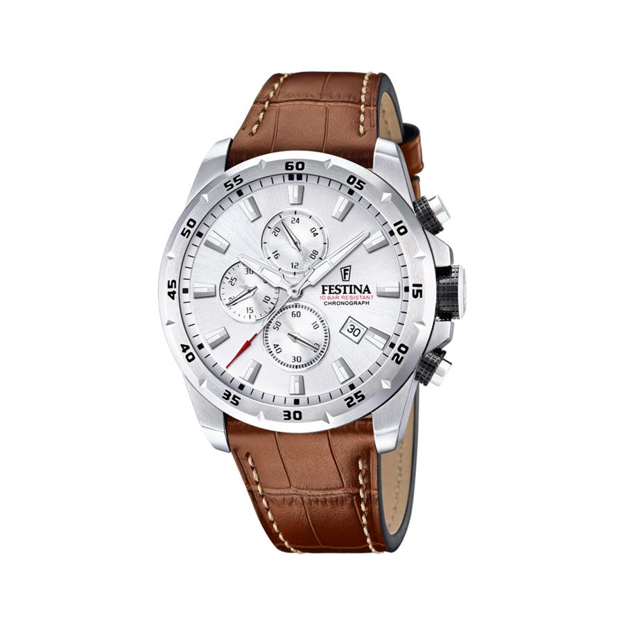 Festina-men's watch F206921 with silver dial, brown leather strap and chronograph. Model F206921.