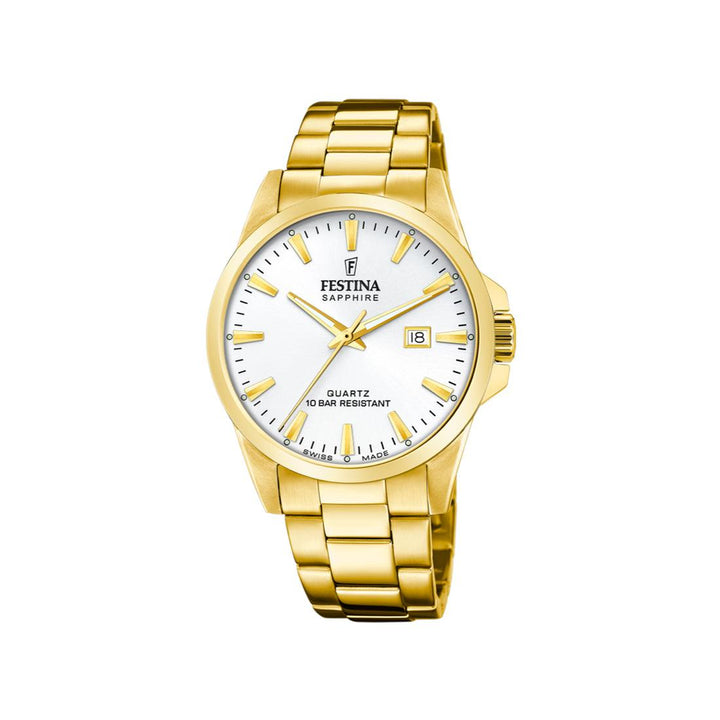 Festina-men's watch-swiss-made 200442-200442-1, classic men's watch in gold with white dial and date. Model 200442-200442-1