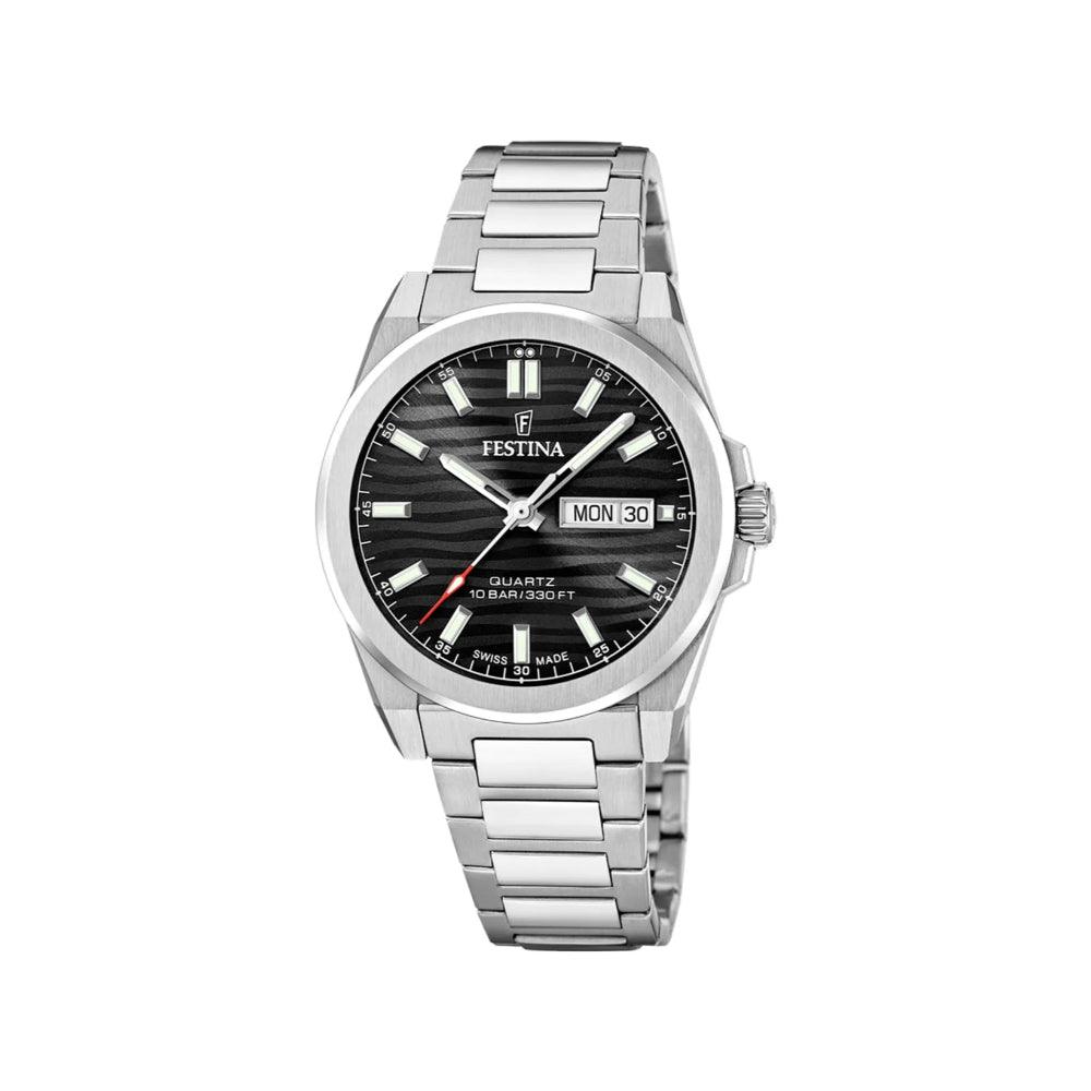 Festina Men's watch Swiss Made Dune F200735-1 with black textured dial and steel chain. Model F200735-1.