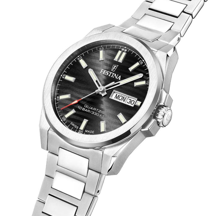 Festina men's watch Swiss Made Dune F200735 in steel with black dial, detailed dial, Model F200735-2.