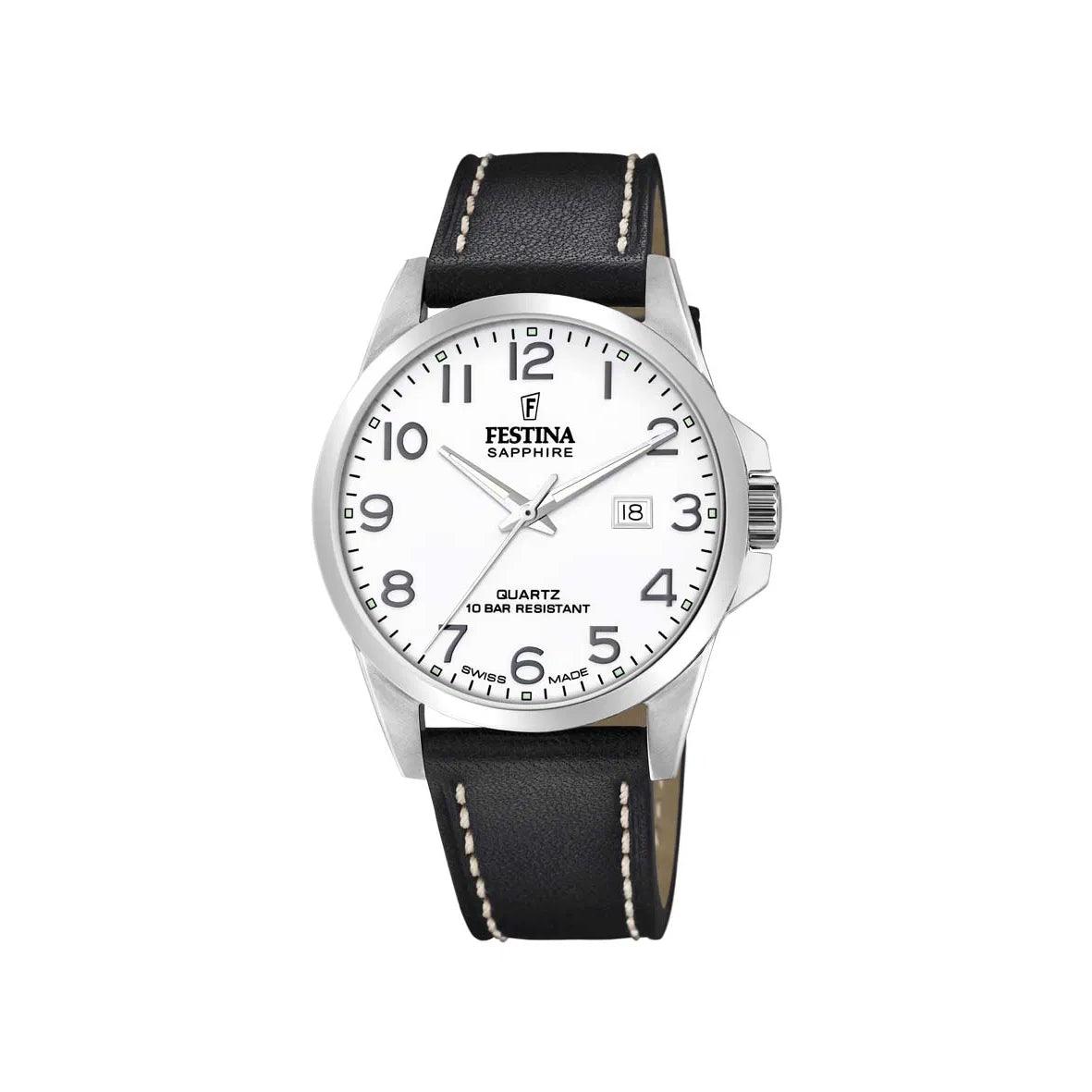 Festina-men's watch-swiss-made-f200251 with white dial, black numerals and black leather strap with white stitching. Model f200251-1