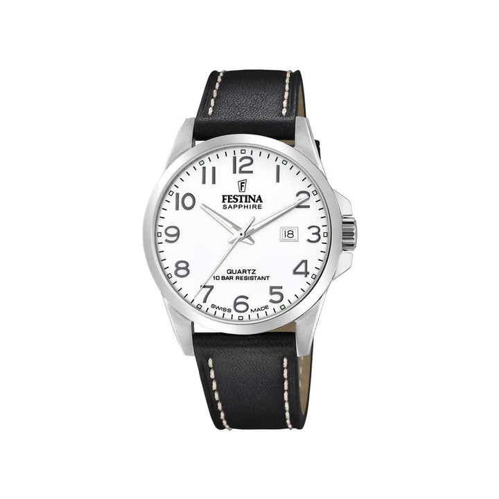 Festina-men's watch-swiss-made-f200251 with white dial, black numerals and black leather strap with white stitching. Model f200251-1