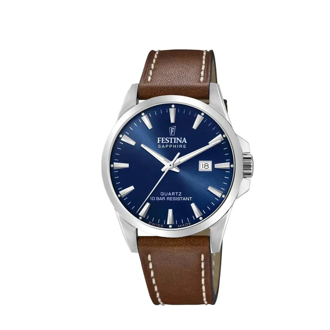 Festina Men's watch Swiss Made F200253 with blue dial, steel case and brown leather strap. Model F200253-1