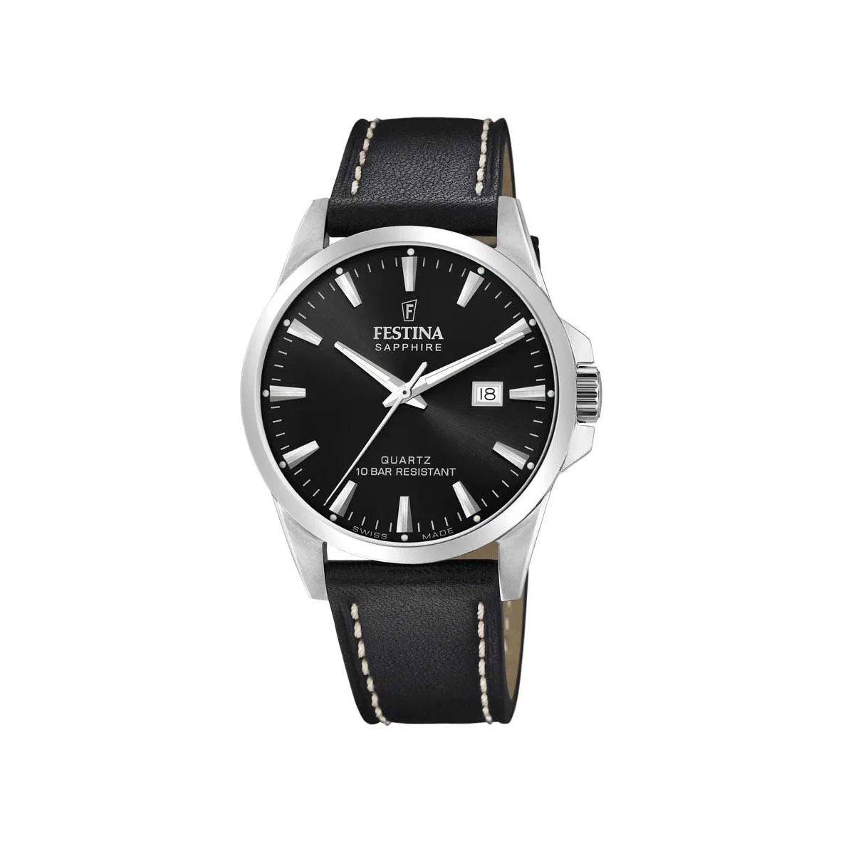 Festina men's watch Swiss Made F200254 with black dial and black leather strap, shown on white background. Model F200254-1