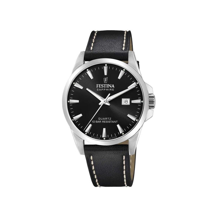 Festina men's watch Swiss Made F200254 with black dial and black leather strap, shown on white background. Model F200254-1