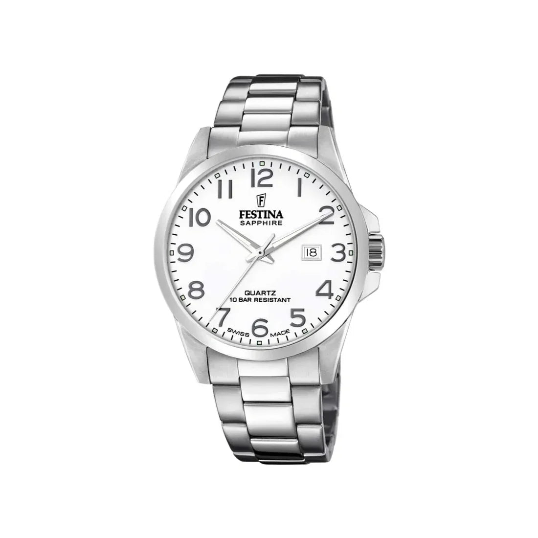 Festina Swiss Made Men's watch F200241 with round white dial, steel strap and date. Model F200241-1.