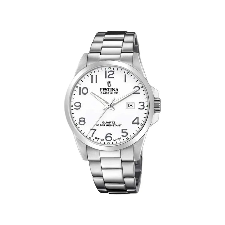 Festina Swiss Made Men's watch F200241 with round white dial, steel strap and date. Model F200241-1.